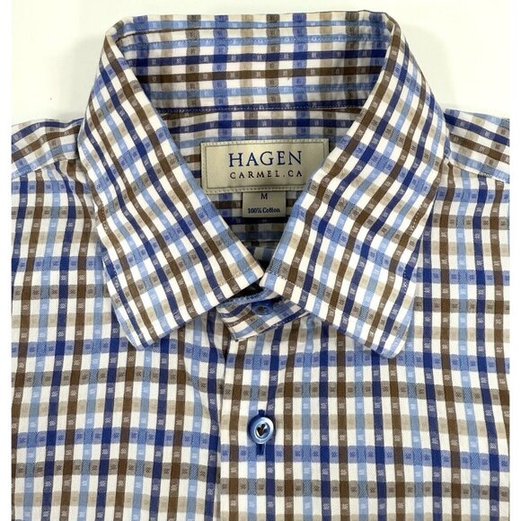 Hagen Carmel CA Shirt Mens Size Medium Blue Brown Check Stripes Business Preppy - Picture 3 of 10